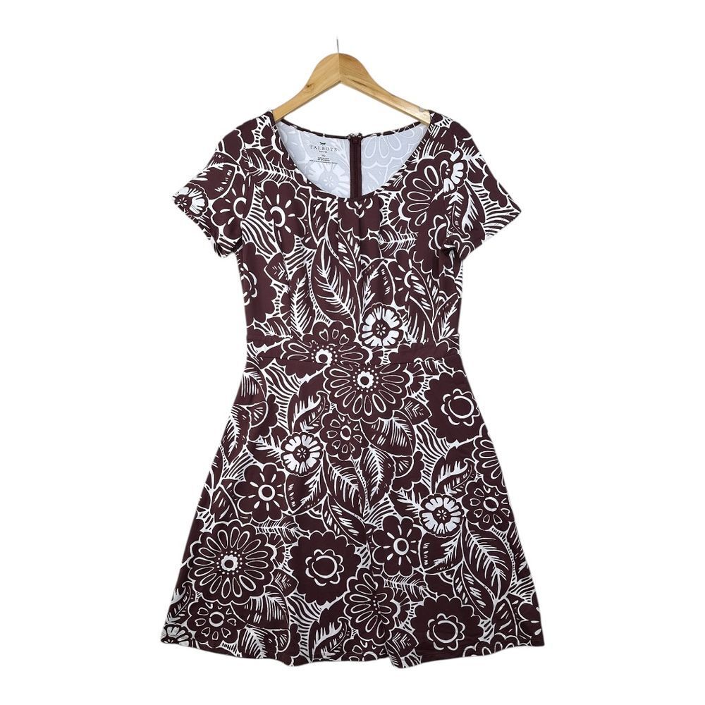 Talbots Floral Print Fitted Short Sleeve Dress size Medium Petite‎ Brown/White